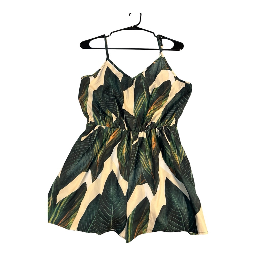 SHEIN Green & Cream Tropical Romper with Spaghetti Straps